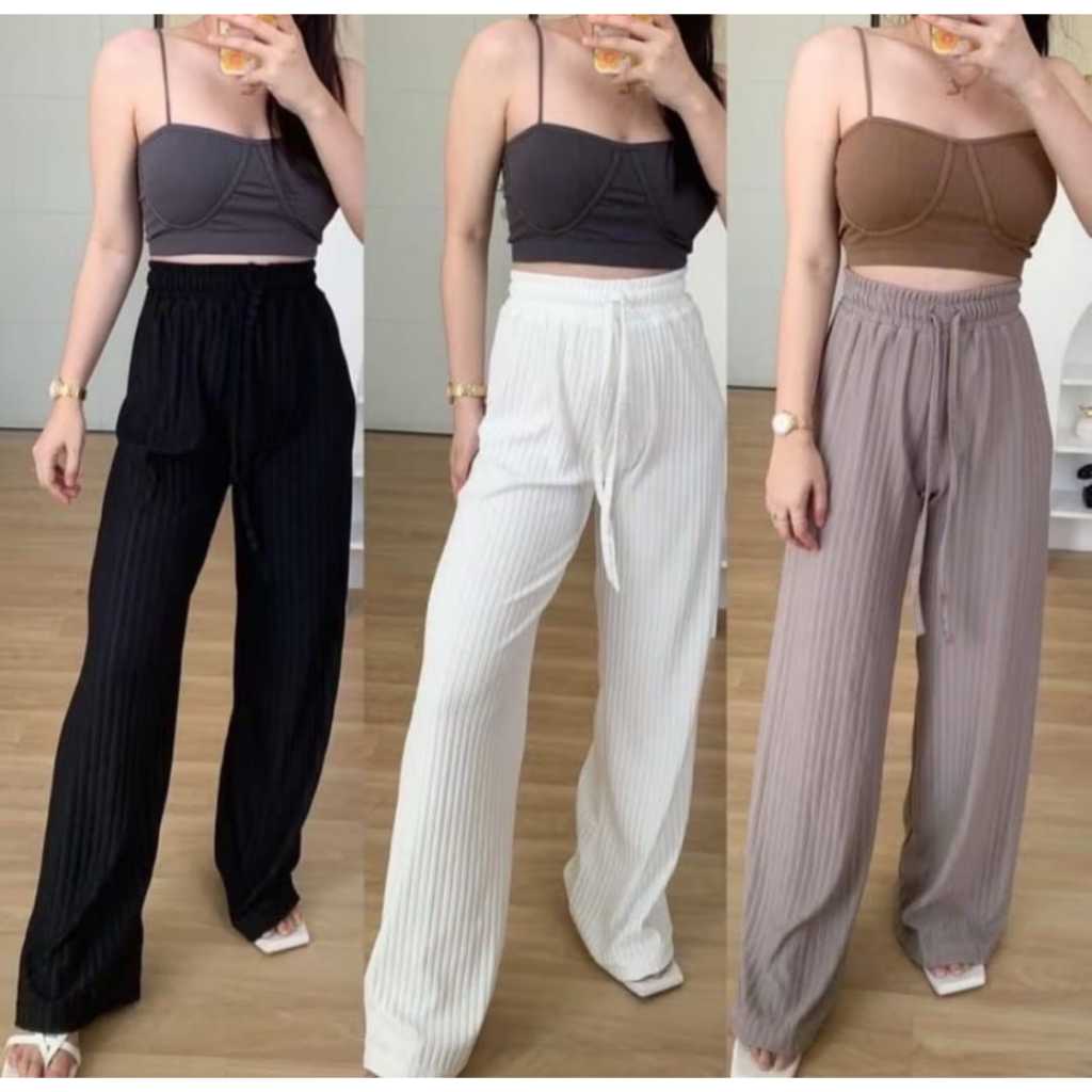 Celana Panjang Bahan Knit Waffle Slit - Knit Pants - Celana Lose Pants Highwaist - Celana Kulot Knit