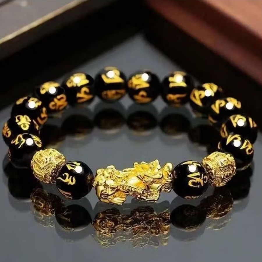 mp08 - Manik Gelang Fashion Retro Feng Shui Obsidian Emas Hitam Pria Wanita Netral Imitasi