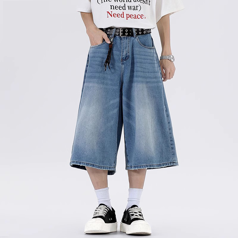 Baggy Celana Pendek Jeans Pria Casual Kulot Korean Style  Biru Muda Straight  Celana 7/8