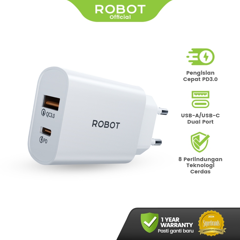 ROBOT Adaptor Charger Fast Charging 20W Power Delivery 3.0 untuk iPhone dan Android Colokan Kepala C