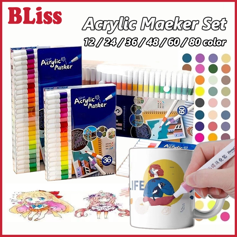 

BLiss （COD） 60/80 Colors Pen Akrilik Marker Warna Cepat Kering Tahan Air Spidol Acrylic Painter
