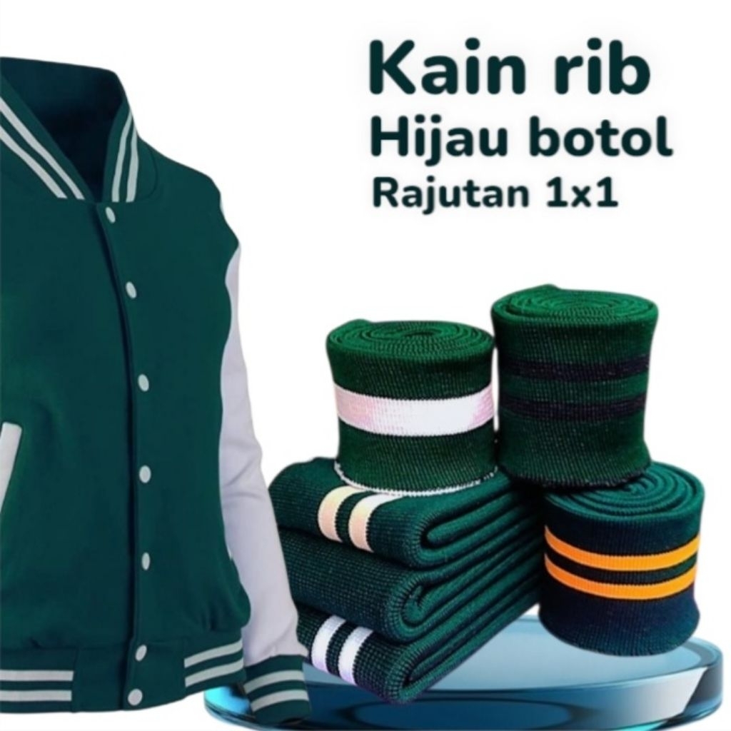 Kain Rib/Bur poliester warna dasar hijau botol polos dan salur harga per 10lembar