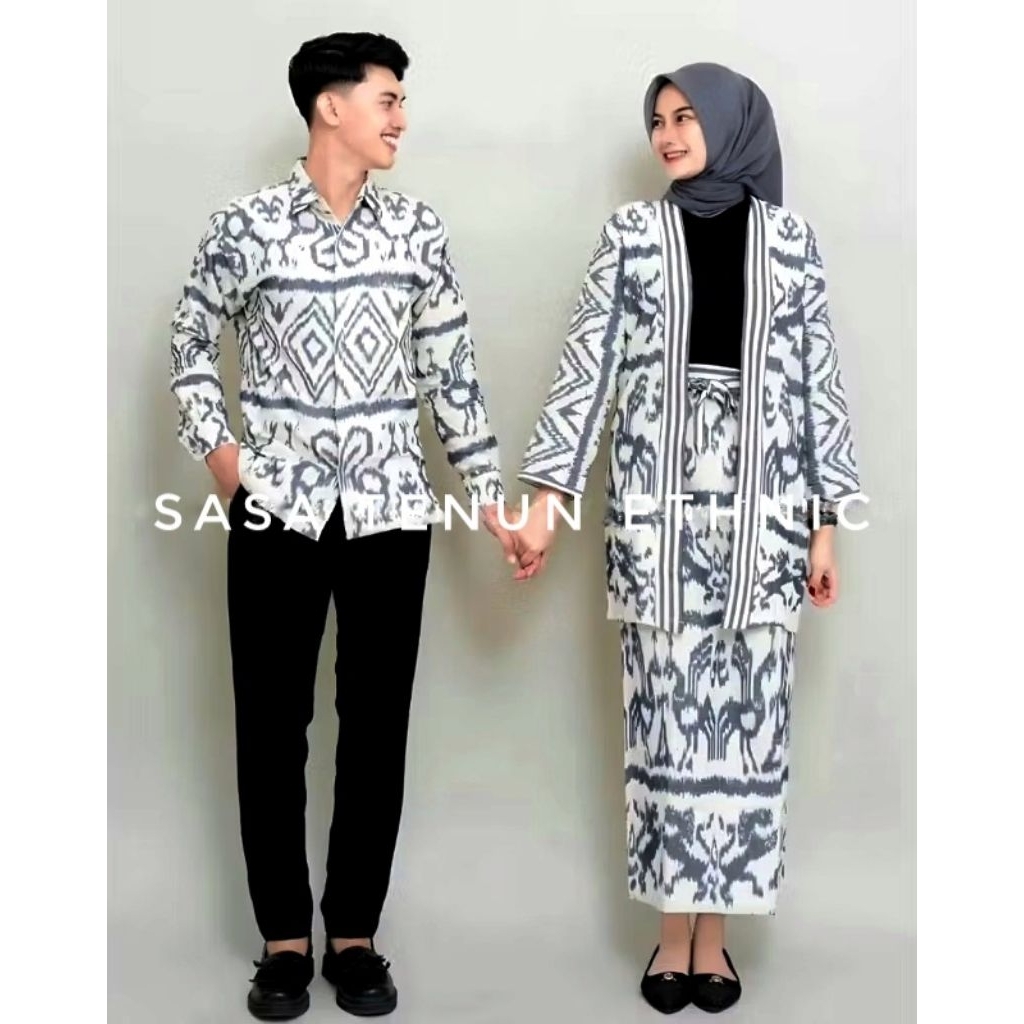 OUTER DAN ROK MADAM WHITE GREY NTT-BAJU TENUN COUPLE-BAJU KONDANGAN PREWEDDING-KEMEJA PRIA CASUAL