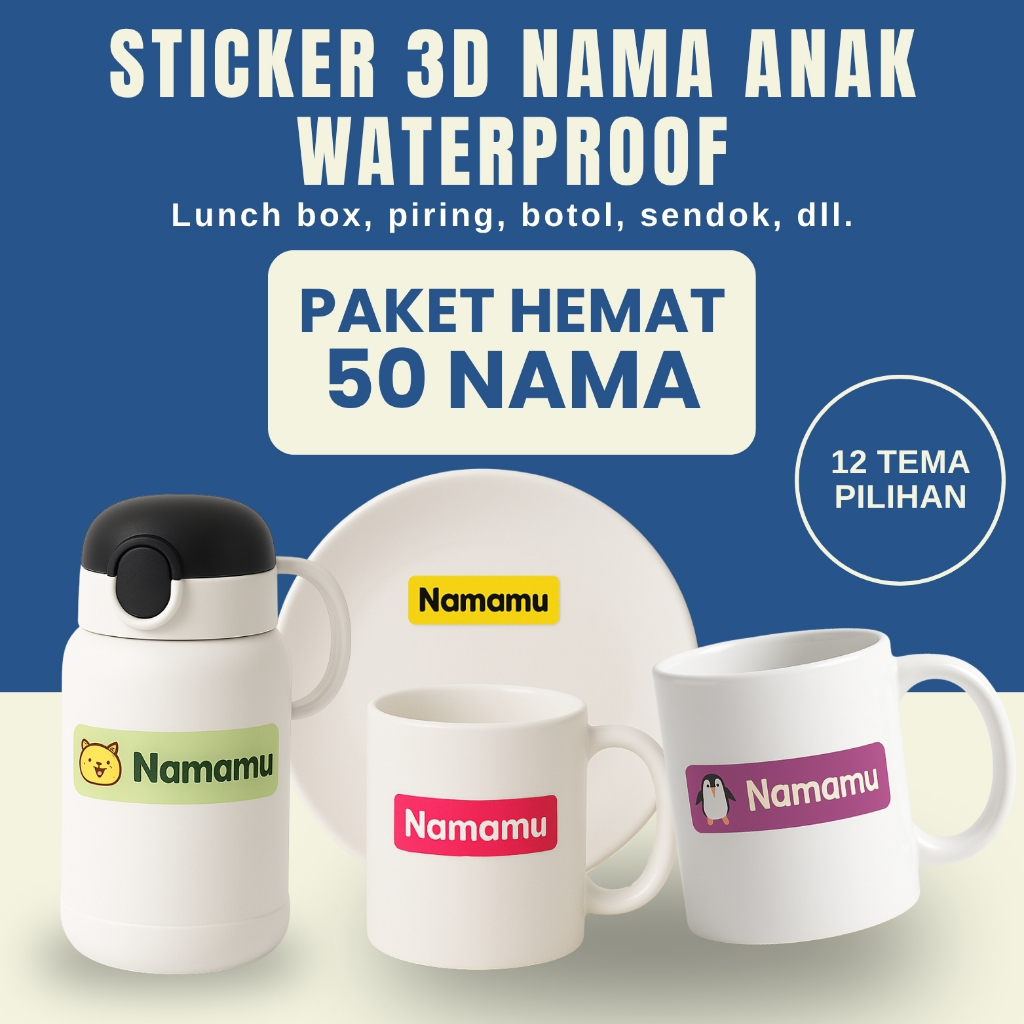 

50 PCS Stiker Barang Custom Nama Piring Sendok Botol Gelas Perabotan timbul waterproof label