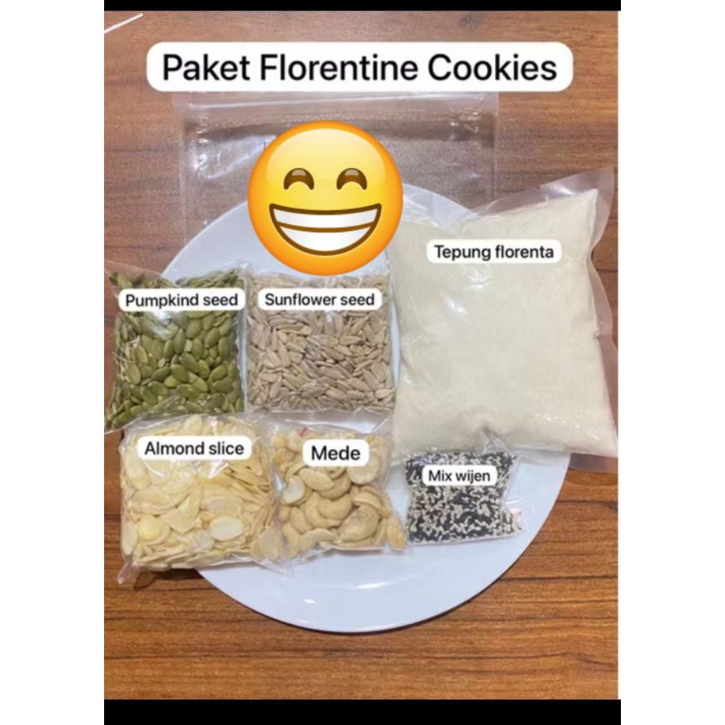 

paket Bahan florenta cookies (wijen hitam+wijen putih20gr /Almond selais 50gr/biji labu 100 gr /biji matahari 100gr /Mete mentah 50gr tepung florenta 250gr