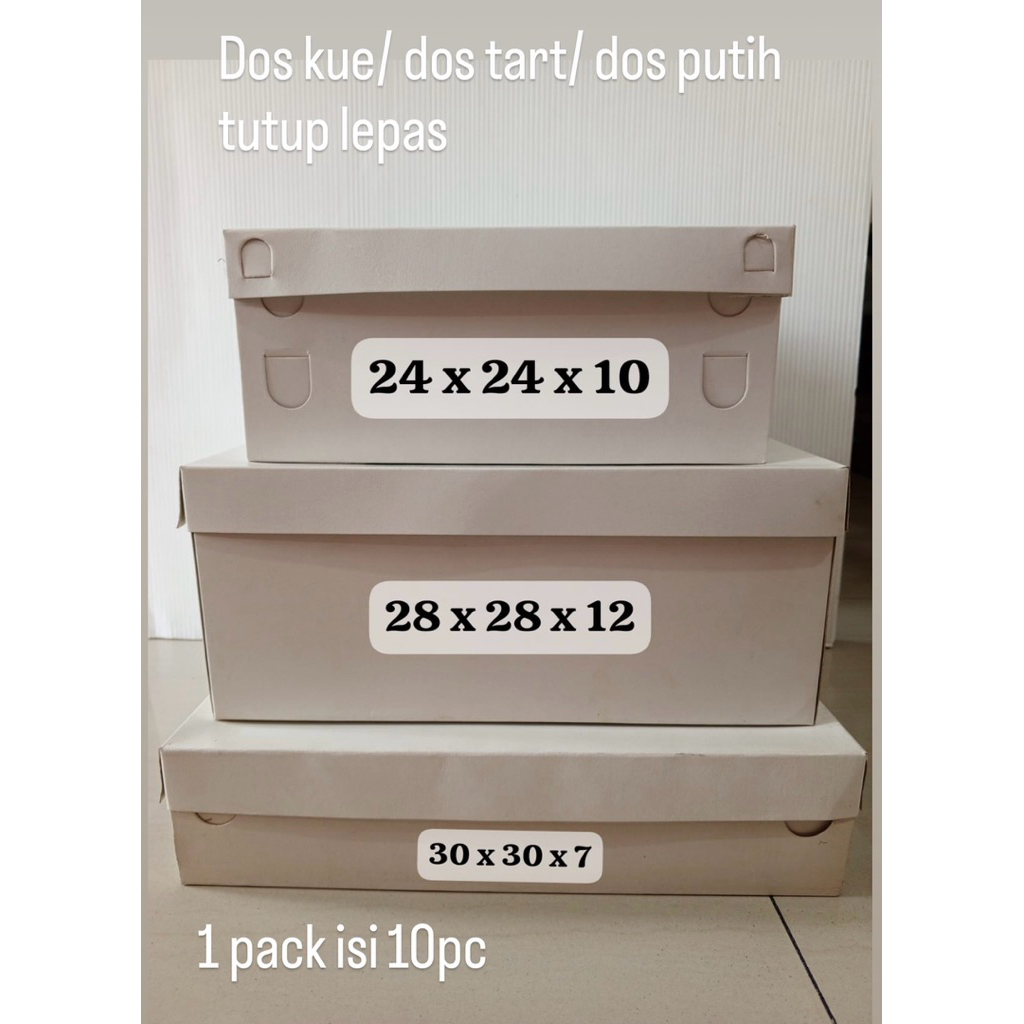 (10pc) Dos putih /kotak kue putih tutup lepas uk 24x24x10, uk 28x28x12, uk 30x30x7, dos putih kue/ d