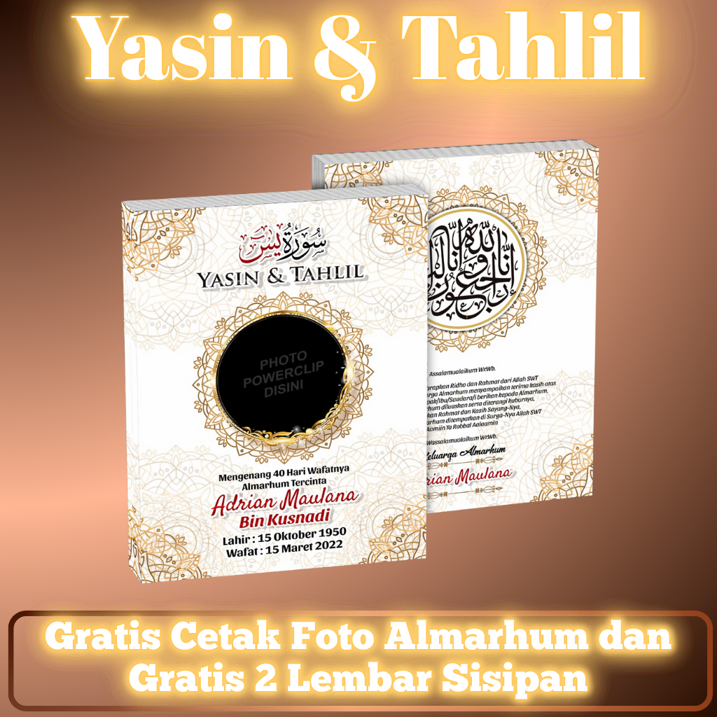 Buku Yasin dan Tahlil Custom Lengkap Cetak Foto Almarhum Quindsland Gold