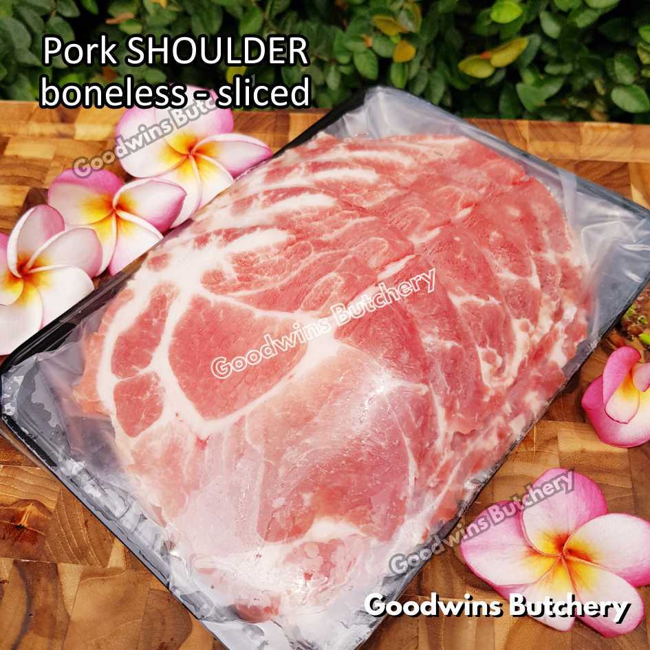 

Pork shoulder boneless skin off FRESHLY SLICED TO ORDER 1.5kg kapsim babi iris collar boston-butt import DENMARK Danish Crown DanePork SPAIN Coren frozen