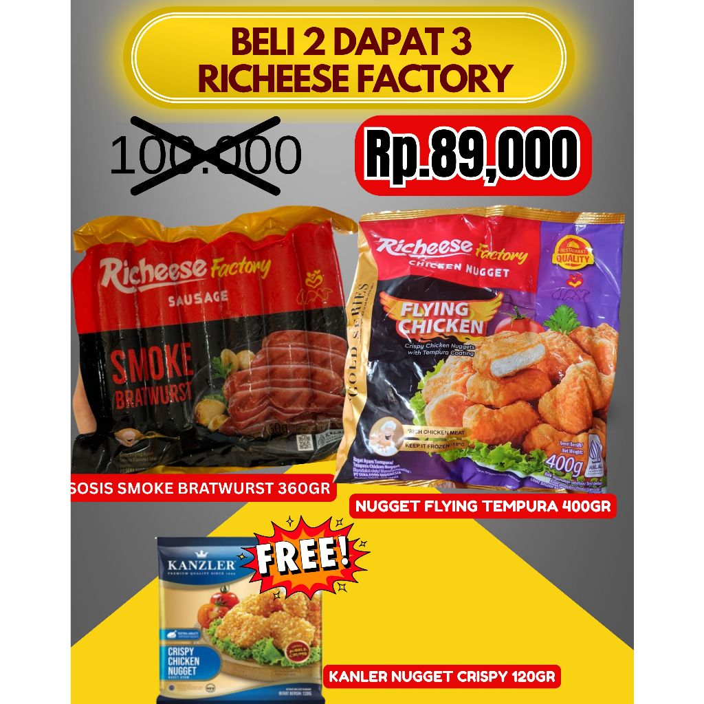 

BELI 2 DAPAT 3 RICHEESE SOSIS BRATWURST ISI 6PCS + RICHEESE NUGGET FLYING TEMPURA FREE KANZLER NUGGET CRISPY 120GR