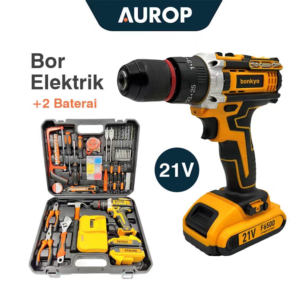 AUROP Mesin Bor Baterai Bor Impact Set Bor Listrik Kotak Peralatan Multifungsi Bor Beton