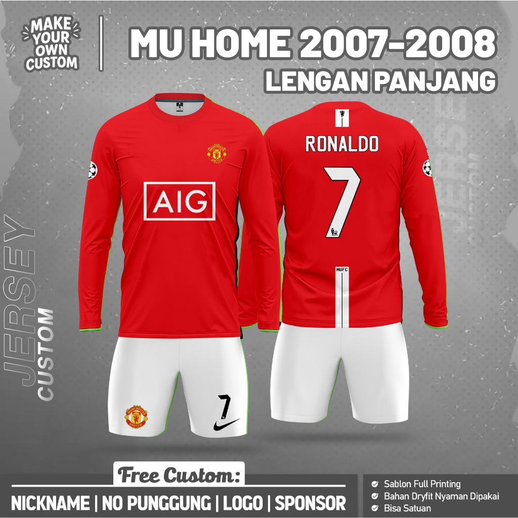 JERSEY SEPAK BOLA RONALDO MU H0ME 2007-2008 LENGAN PANJANG Free Custom Nama dan No Punggung