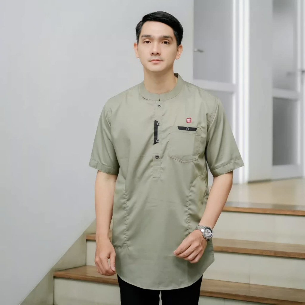 Baju Koko Kurta Lengan Pendek Warna Sage-Baju Muslim Pria Dewasa Bahan Katun Toyobo Deluxe Koko Vira
