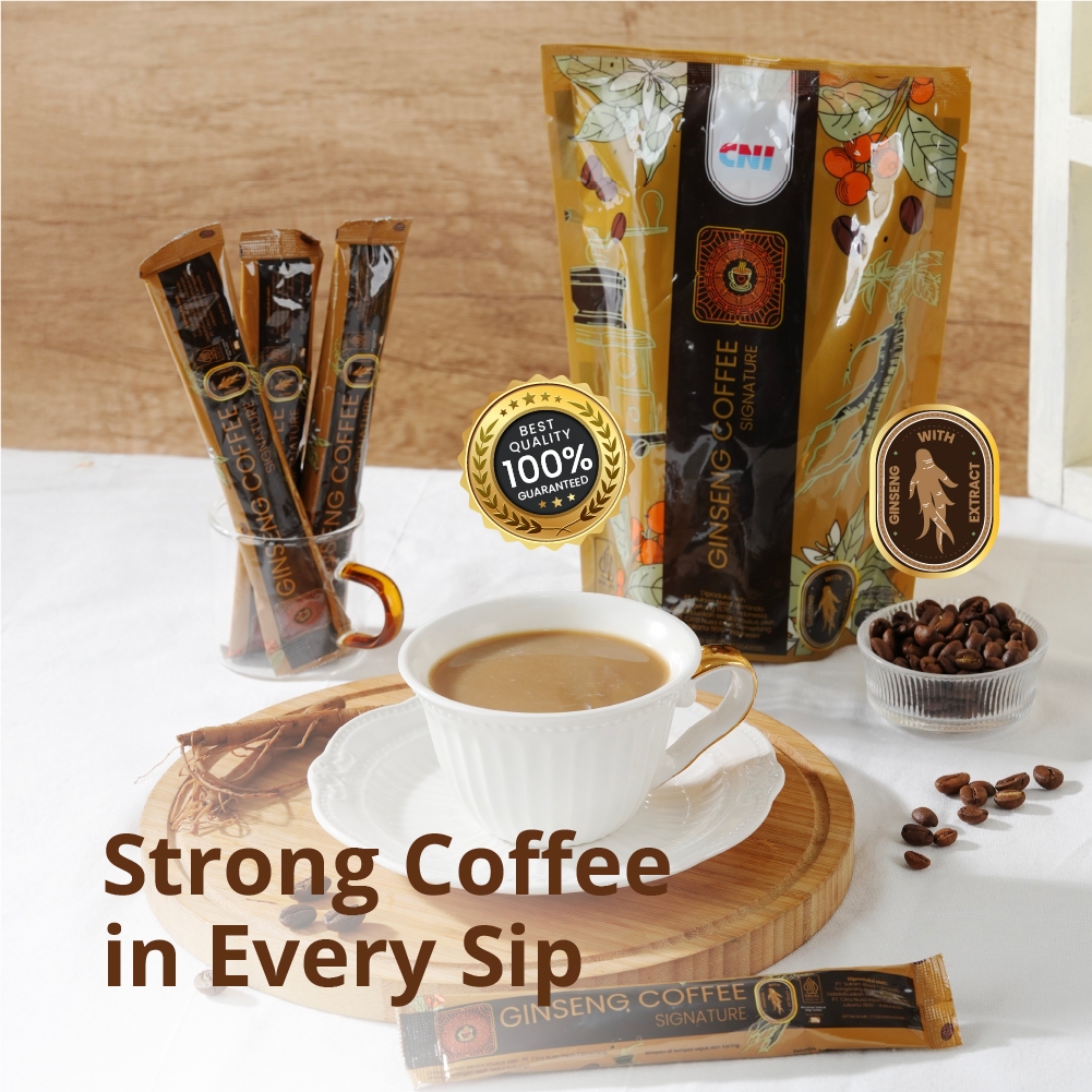 

CNI Ginseng Coffee Signature isi 10 - Kopi instan dengan ekstrak ginseng, meningkatkan stamina dan konsentrasi CNI Store Tegal Sari