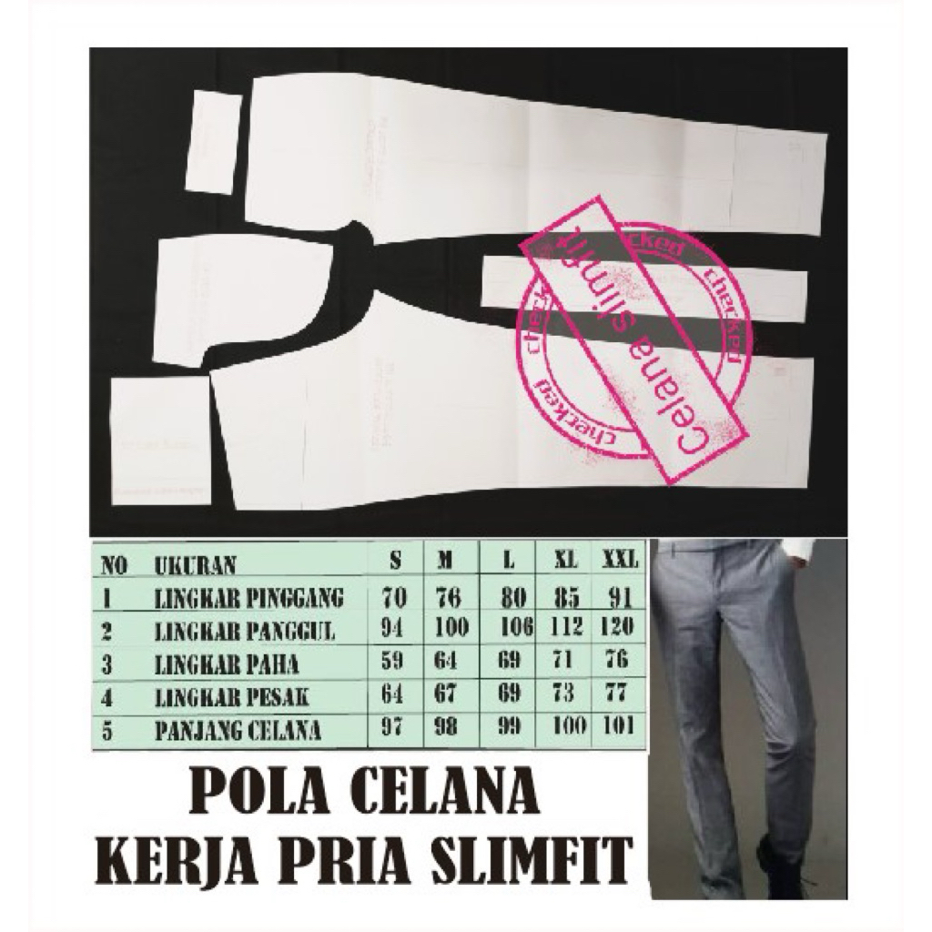 Pola celana kerja pria slimfit Pola instan Belajar jahit Pola jahit RJI