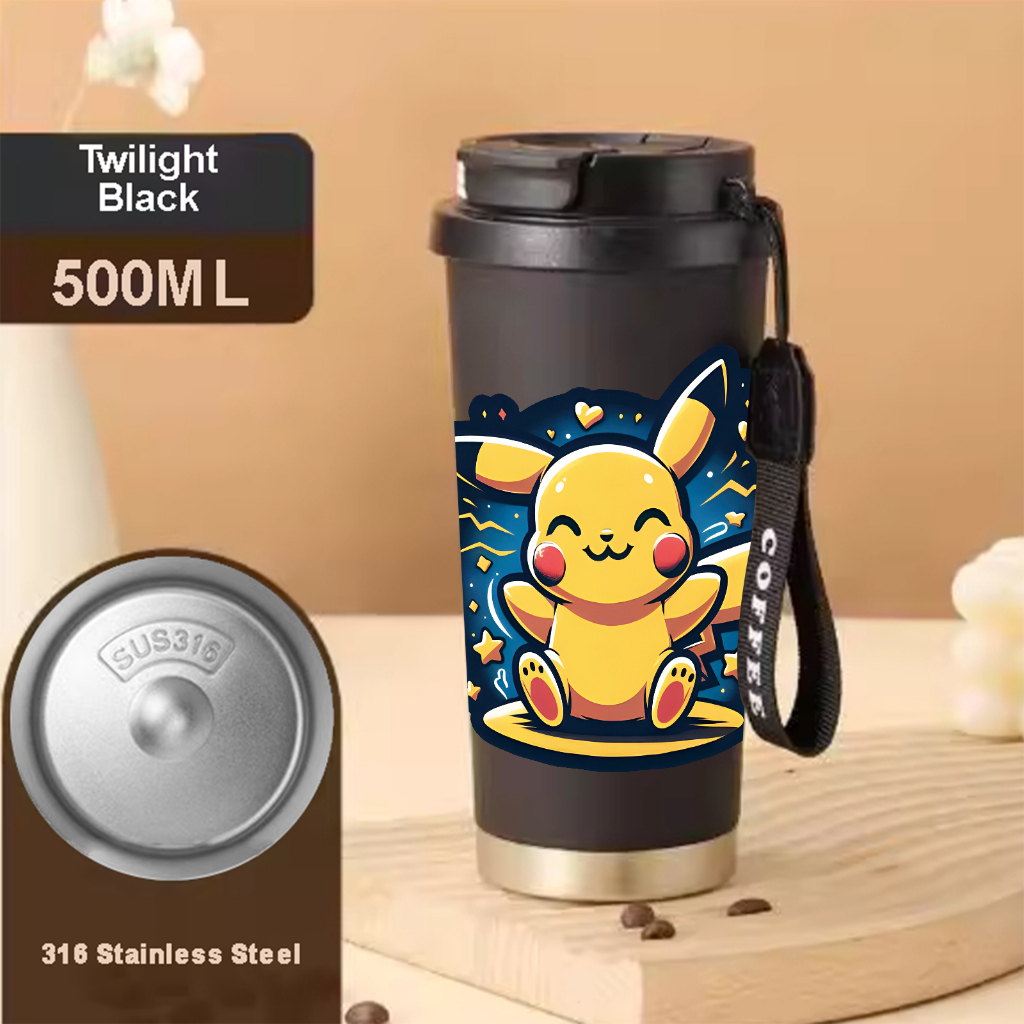 Tumbler Pikachu Ekor Petir Pokemon 500ml Stainless Steel 316 Sedotan Portable Botol Minum Aesthetics