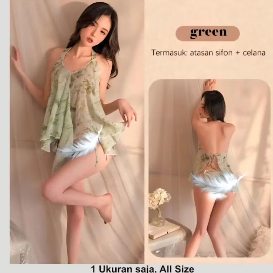 Lingerie Sexy Two Piece Baju Tidur Wanita Motif Transparan A1470GN Hijau