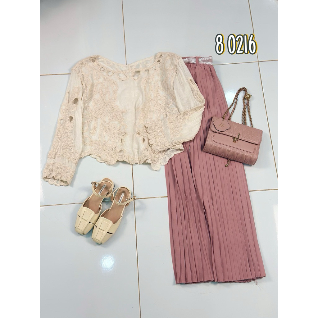 Set Atasan Brokat Rajut Elegan + Rok Plisket Import Premium