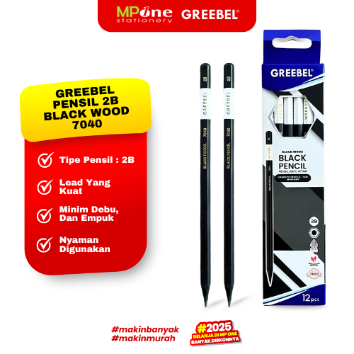 

(1 KOTAK) Greebel Pensil Kayu 2B Black Wood 7040 / Pensil Anak Cover Hitam/ Pensil 2B GREEBEL