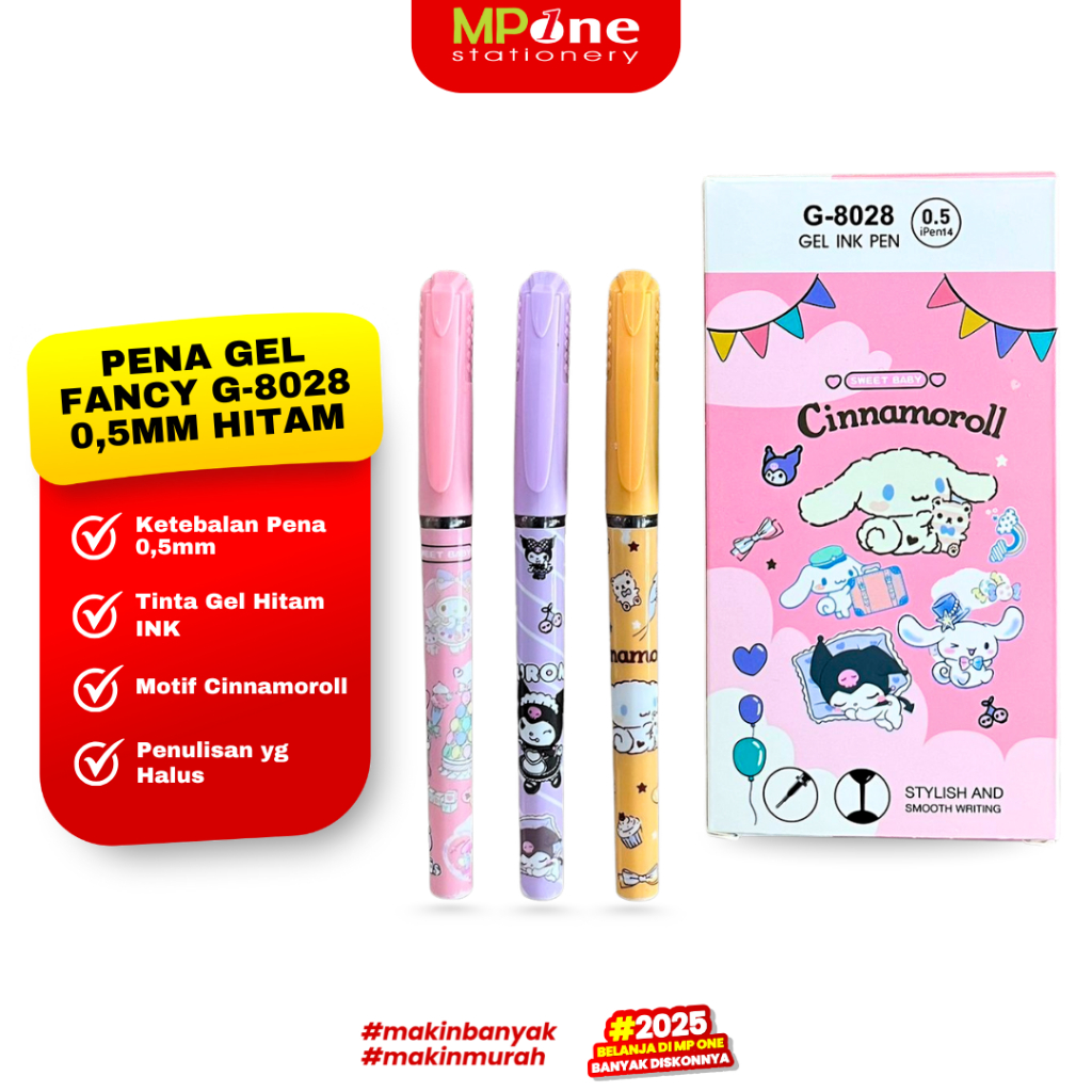 

(1 KOTAK) Pena Gel fancy 0,5MM Hitam G-8028 / Pulpen Gel INK Motif Cinnamoroll Isi 12 Pcs