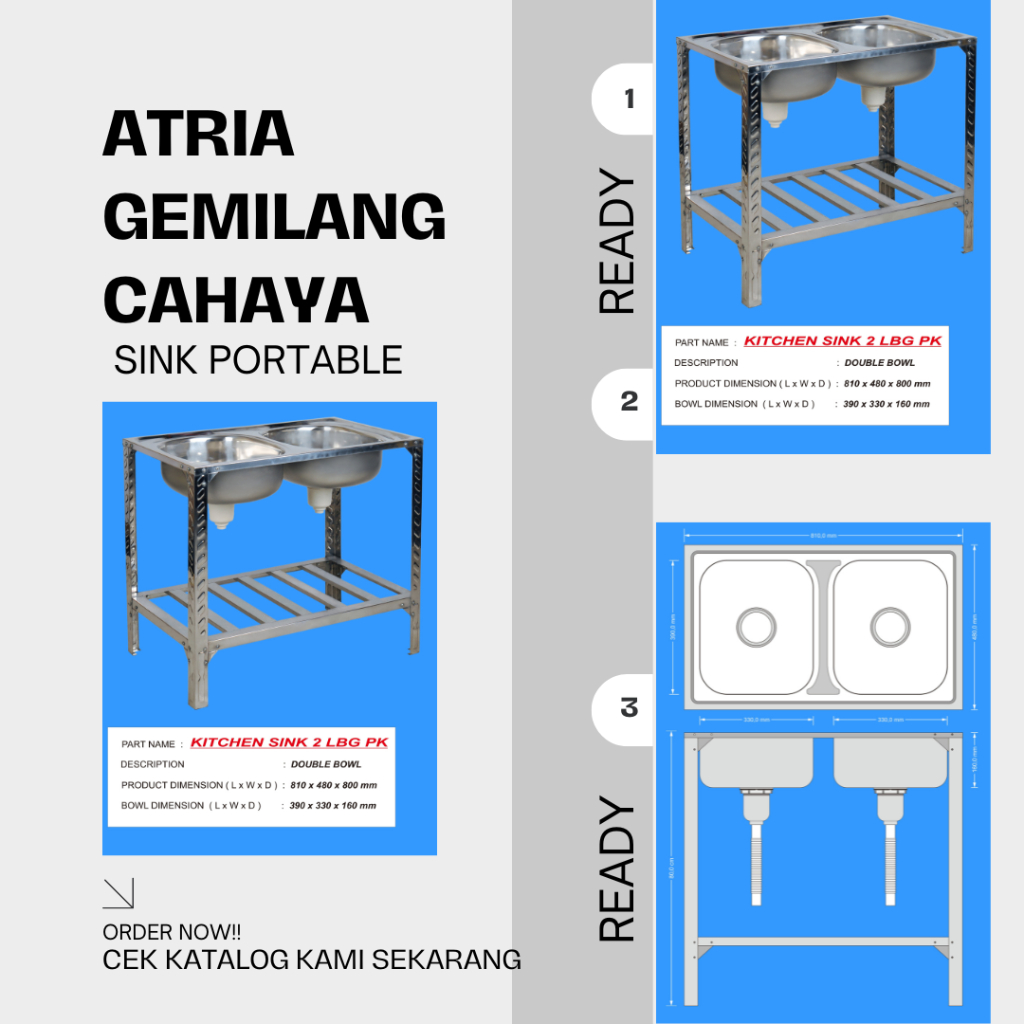 Sink Portable stainless anti karat BAGUS MURAH 2 Lobang uk. 80cm/Bak cuci piring Meja