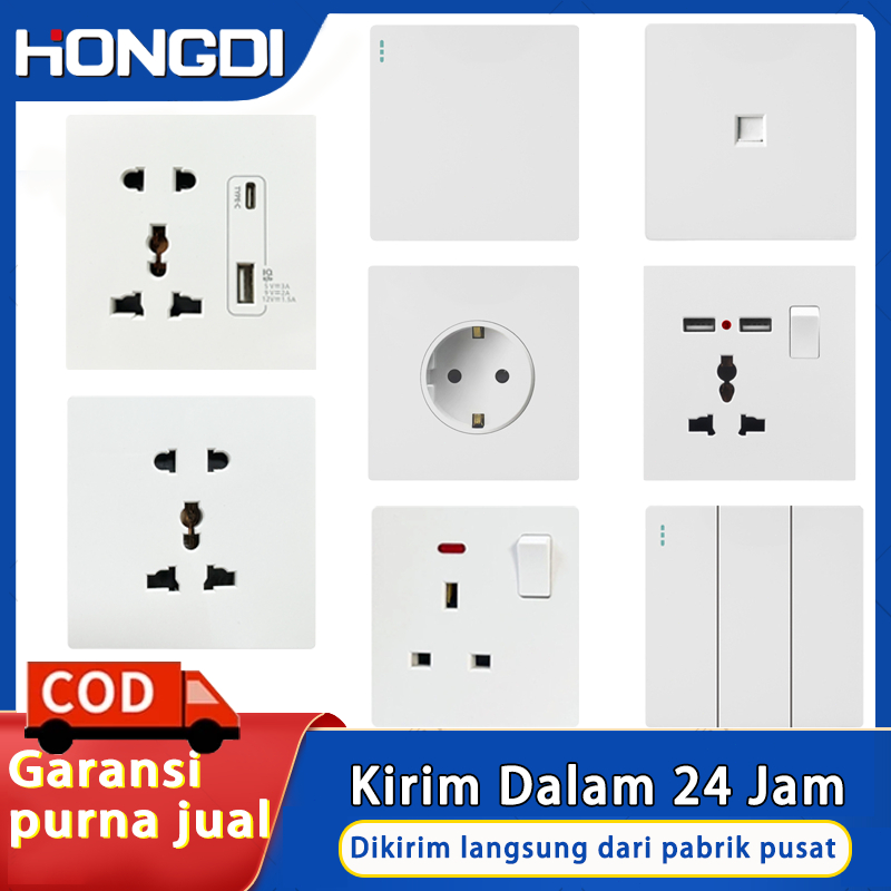 HONGDI Saklar Lampu Stop Kontak Putih - Universal UK/EU/US