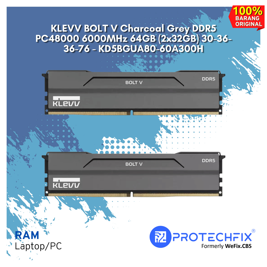 KLEVV BOLT V Charcoal Grey DDR5 PC48000 6000MHz 64GB (2x32GB) 30-36-36-76 - KD5BGUA80-60A300H