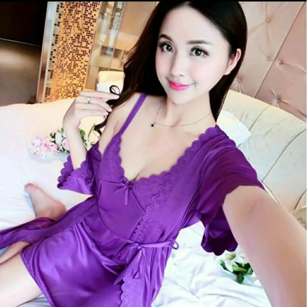 fh88/baju tidur sexy lingerie2in1 kimono satin tricot