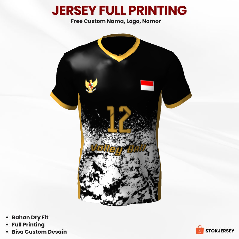 Kaos Jersey Volly Hitam Putih Gold Motif Abstrak 114 - Jersey Custom Full Printing