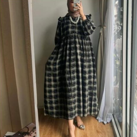 Aurelin Rasya Midi Dress Wanita Motif Kotak Jumbo