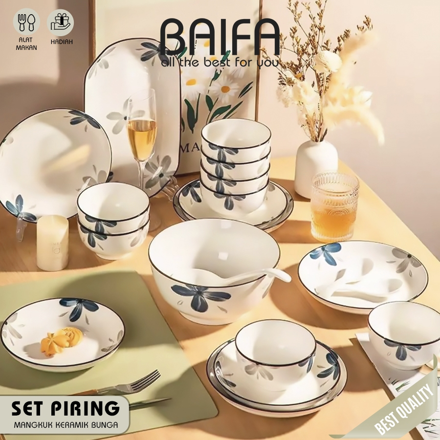 BAIFA - Piring & Mangkuk Makan Keramik Motif Flower List Hitam Elegant/ Piring Style Diamond Pattern