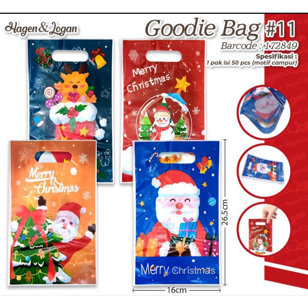 

goodie bag natal isi 50 ( corak random) ukuran 12.5 x 27 cm model twist dan 16 x 26.5 model tenteng per pak random corak