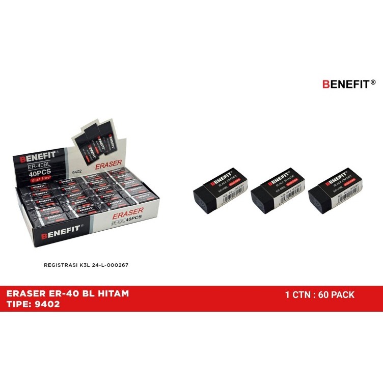 

TBMO Ecer 10PCS Penghapus Pensil / eraser pencil benefit 9402 ER-40BL Hitam 10Pcs