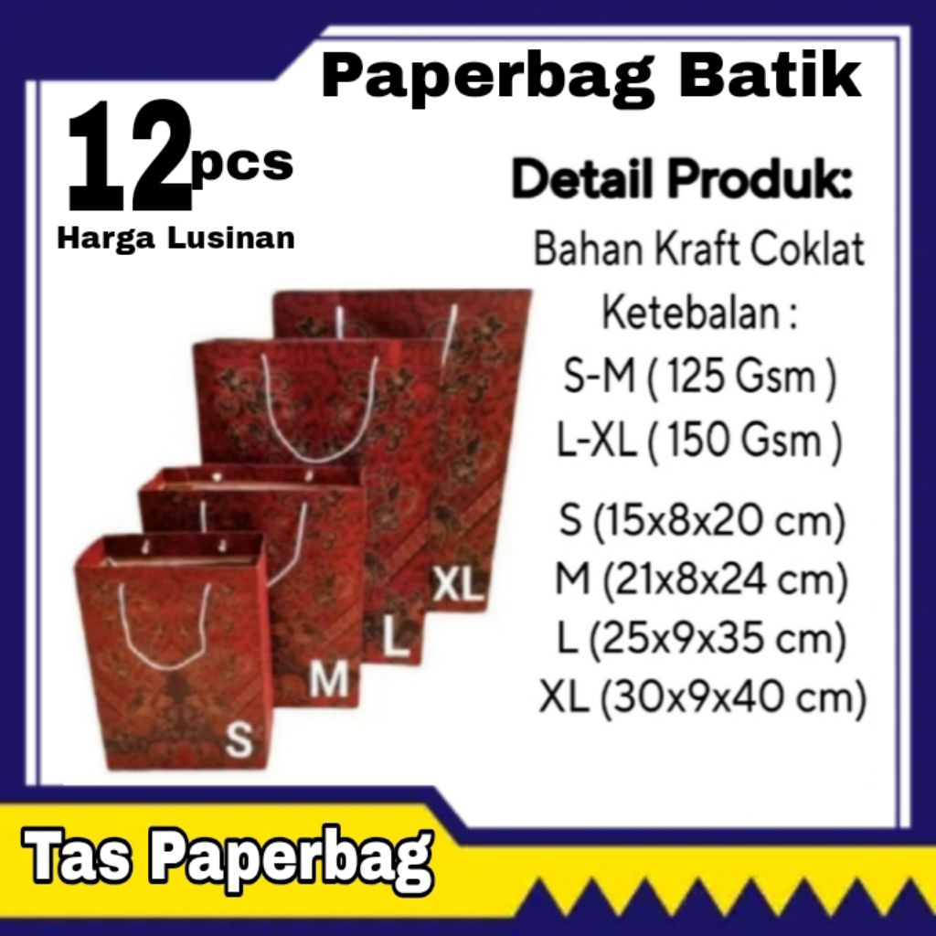 1 Lusin Tas Kertas Paperbag Batik Merah Ukuran S,M,L,XL Souvenir,Seminar,Taskado,Ulangtahun,Goodieba