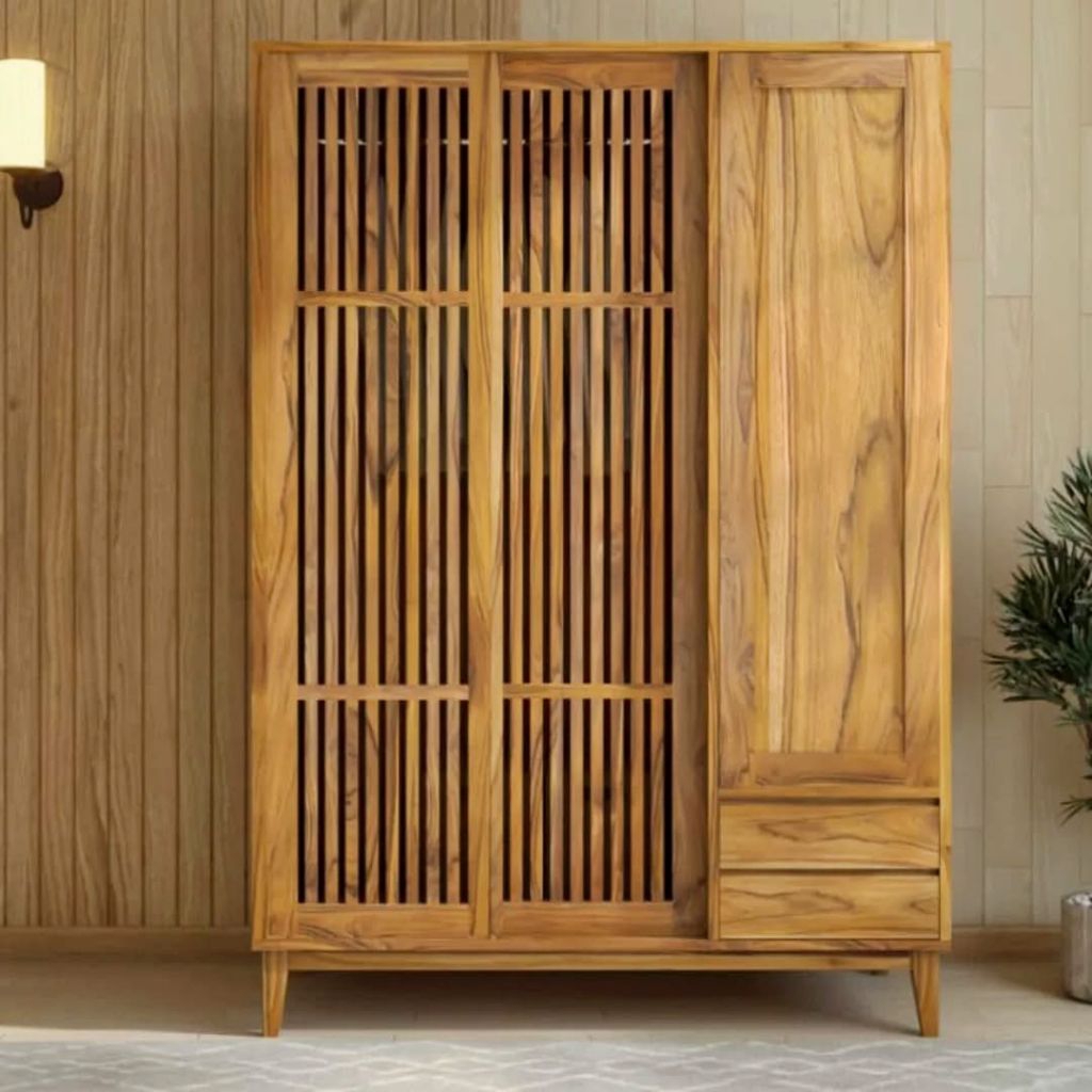 Lemari pakaian kayu jati minimalis sleding dengan satu pintu engsel