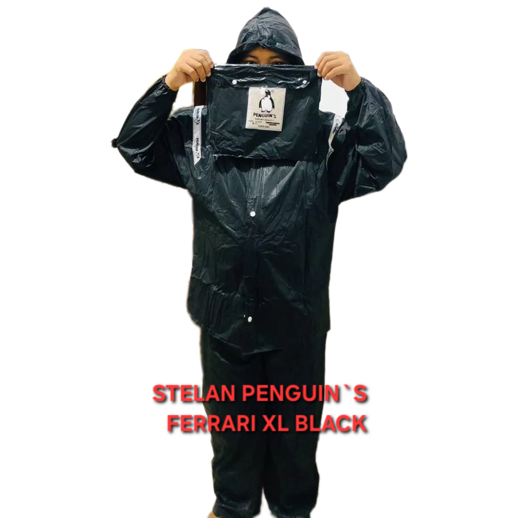 STELAN FERRARI BLACK PENGUINS Jas hujan size XL JAKET CELANA - jas hujan stelan hitam - jas hujan pe