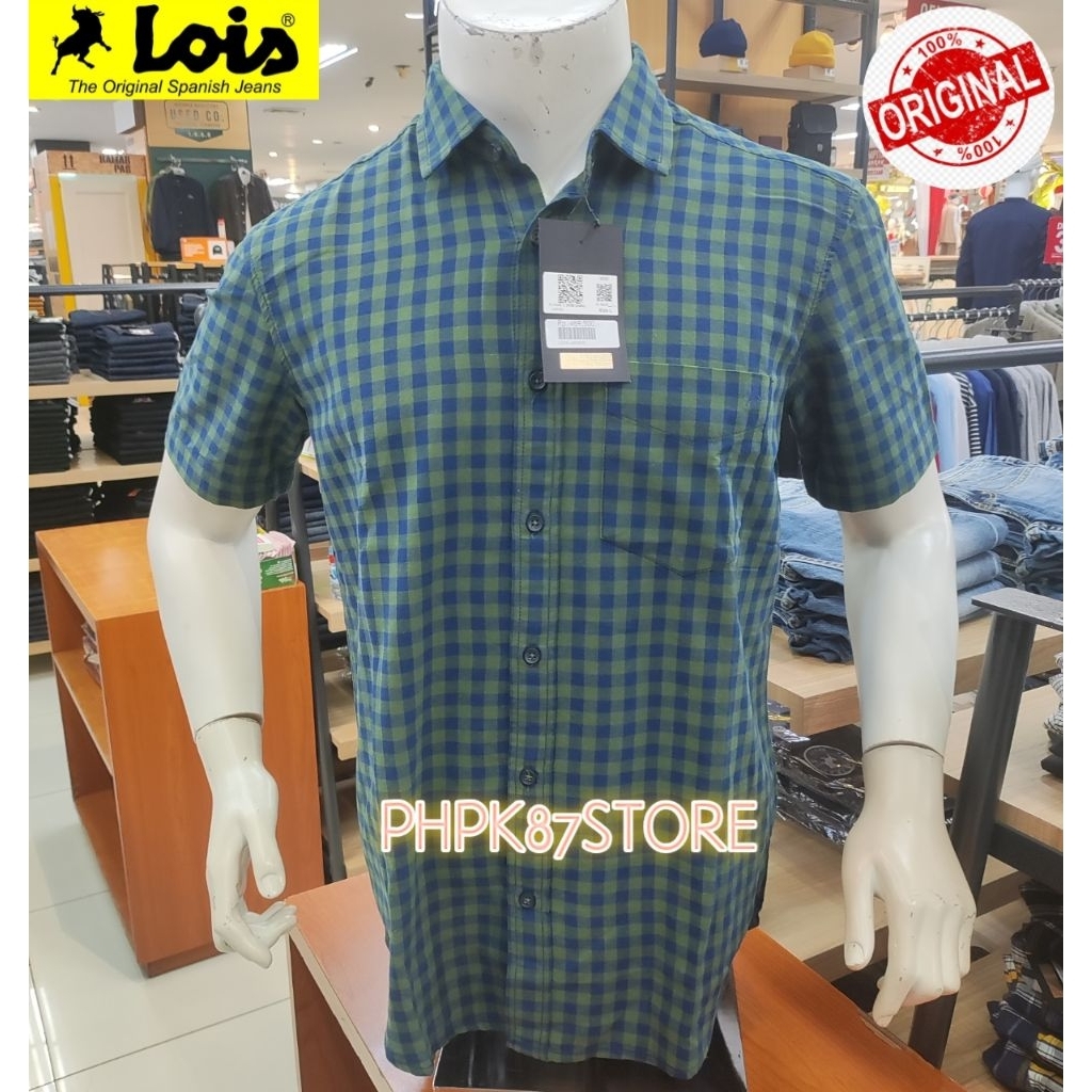 Lois jeans kemeja pendek Kotak-kotak pria,kemeja pendek original pria