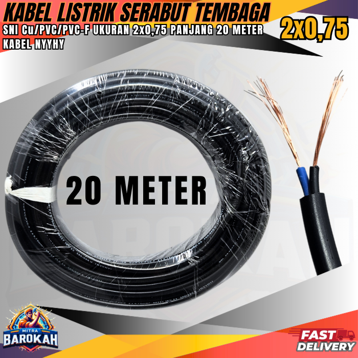 Kabel Serabut Tembaga Fleksibel 20 METER / Kabel Listrik Serabut Tembaga 2x0.75 SNI / Kabel Serabut 