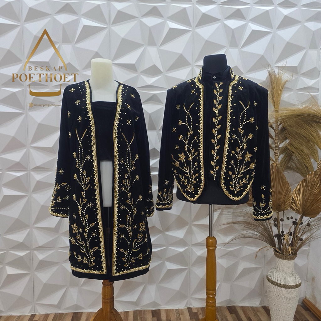 sepasang beskap dan kebaya selutut pengantin adat jawa bludru hitam payet gold solo putri