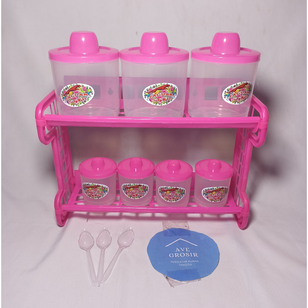 RAK BUMBU DAPUR 1 SET SUSUN 2 FREE SENDOK WADAH PLASTIK TEMPAT TOPLES PERABOT MULTIFUNGSI RUMAH TANG