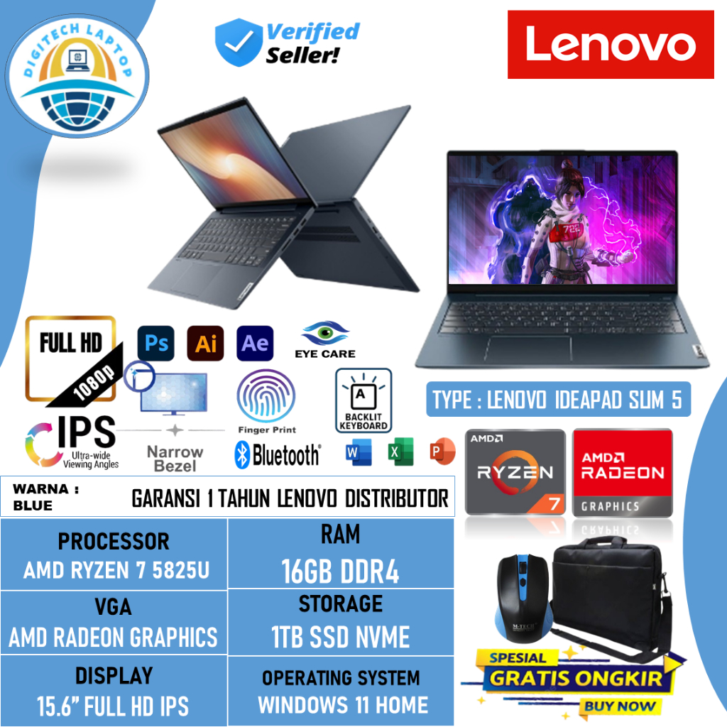 Laptop Lenovo Ideapad Slim 5 15 Amd Ryzen 7 5825U 16GB 1TB SSD 15.6 Inch FHD IPS Win 11 Home