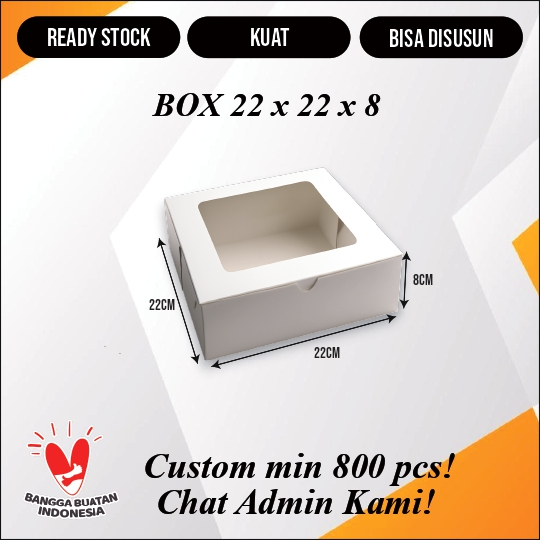 (10 pcs) Dus 22x22x5 22x22x8 22x22x10 22x22x12 Tempat Kue Kotak Dus Wadah Ivory Polos Jendela Mika