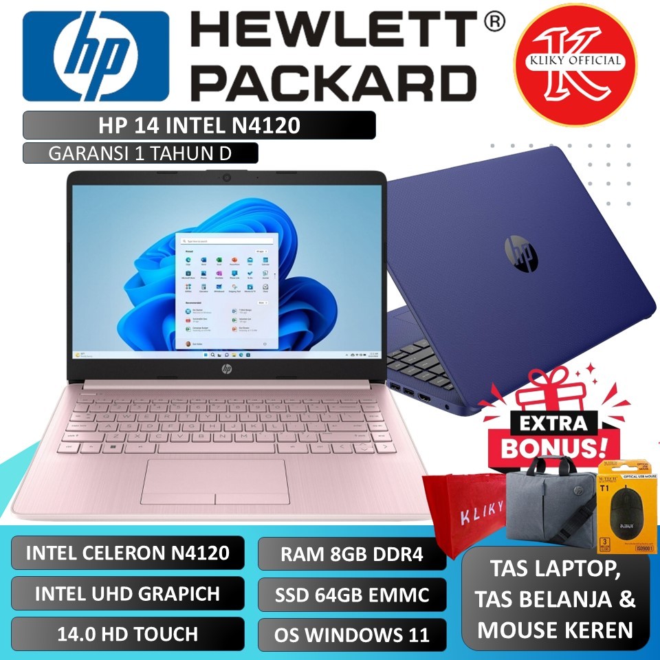 Laptop Tipis Sekolah HP 14S Touchscreen N4120 8GB Blue Silver