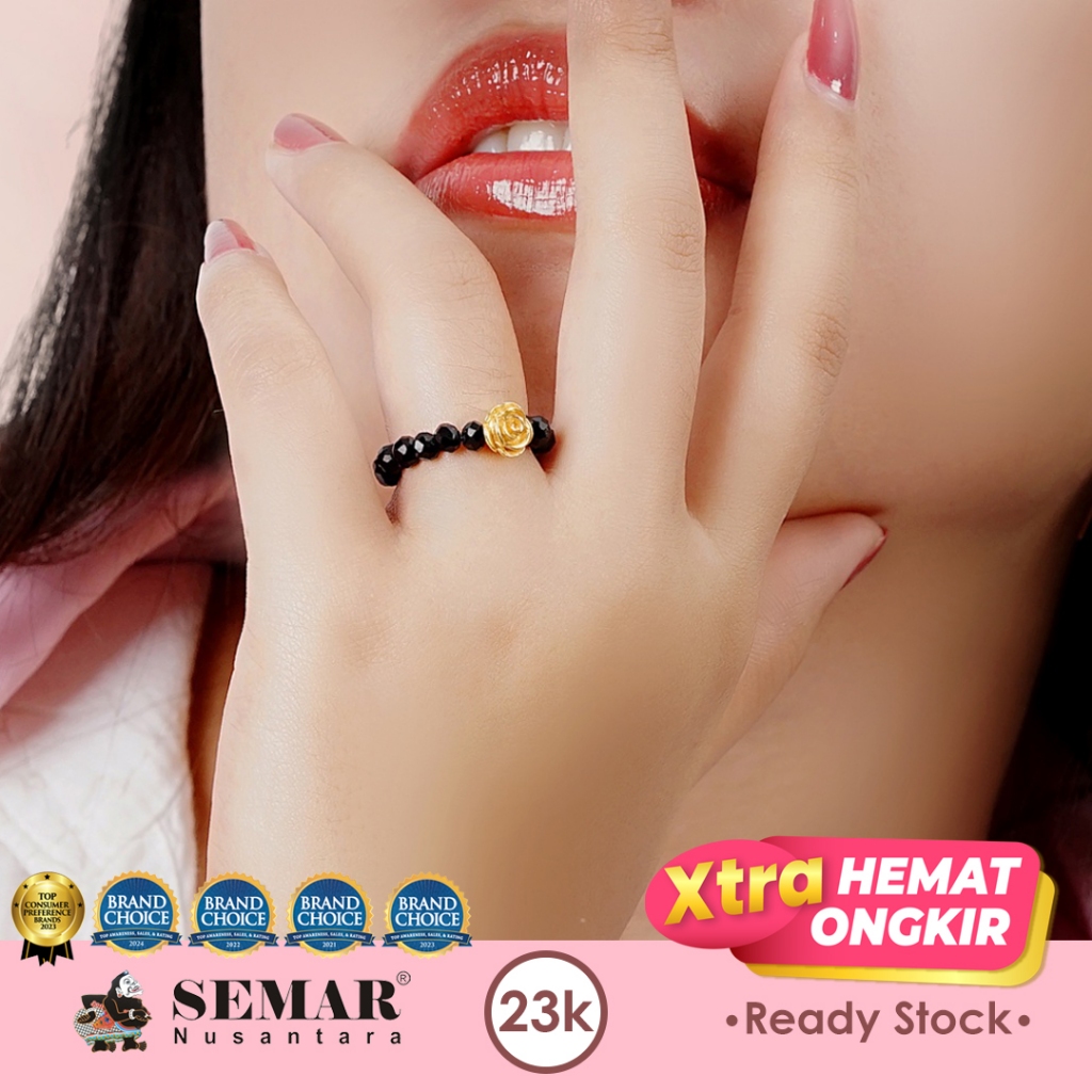 Cincin Emas Tali Kristal Hitam Rusela Flower Gold 23K Semar Nusantara