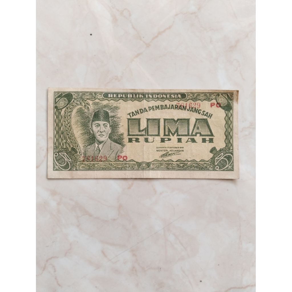 5 rupiah sukarno 1945 seri ORI rp5 Soekarno cetakan pertama langka jarang ditemukan