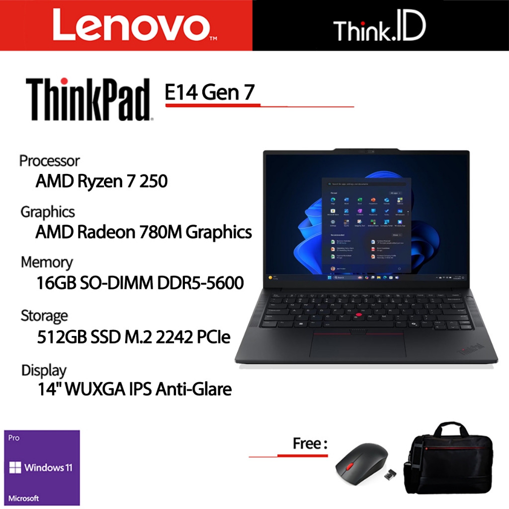 Lenovo ThinkPad E14 Gen 7 AMD Ryzen 7 250 16GB 512GB NVMe 14"WUXGA IPS Win11 Pro