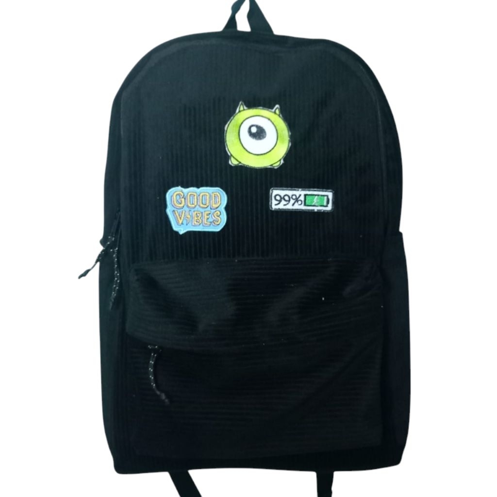 TAS CORDUROY PATCH BORDIR LUCU/TAS GENDONG CORDUROY KARAKTER ANAK/TAS CORDUROY GOOD VIBES  HITAM BIS