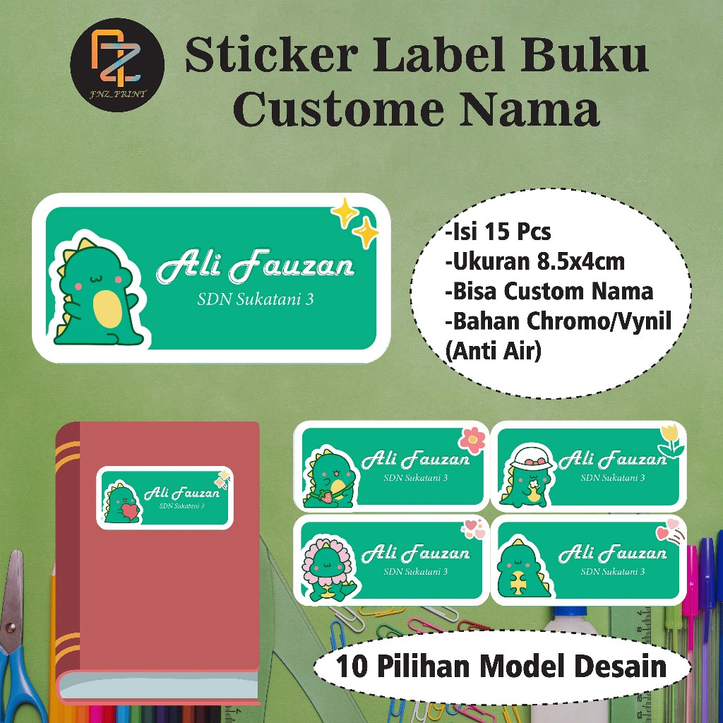 

15 pcs Chromo Sticker Buku Dino Custom Nama / Stiker Buku Pelajaran Sekolah Label Buku /sticker kartun lucu