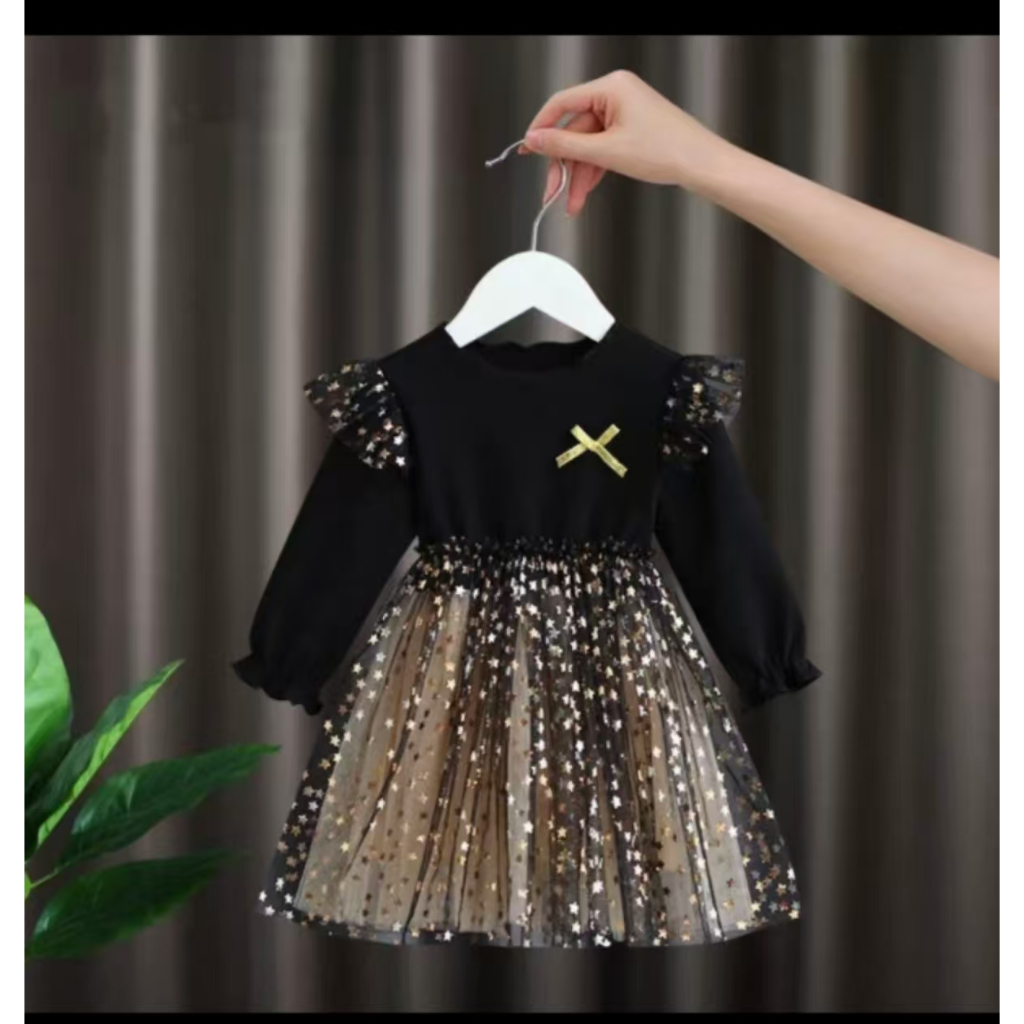 Dress Anak Hitam Import Size 1-6thn Gold Black Star Tutu Lembut/Dress Tutu Anak Hitam Lengan Panjang