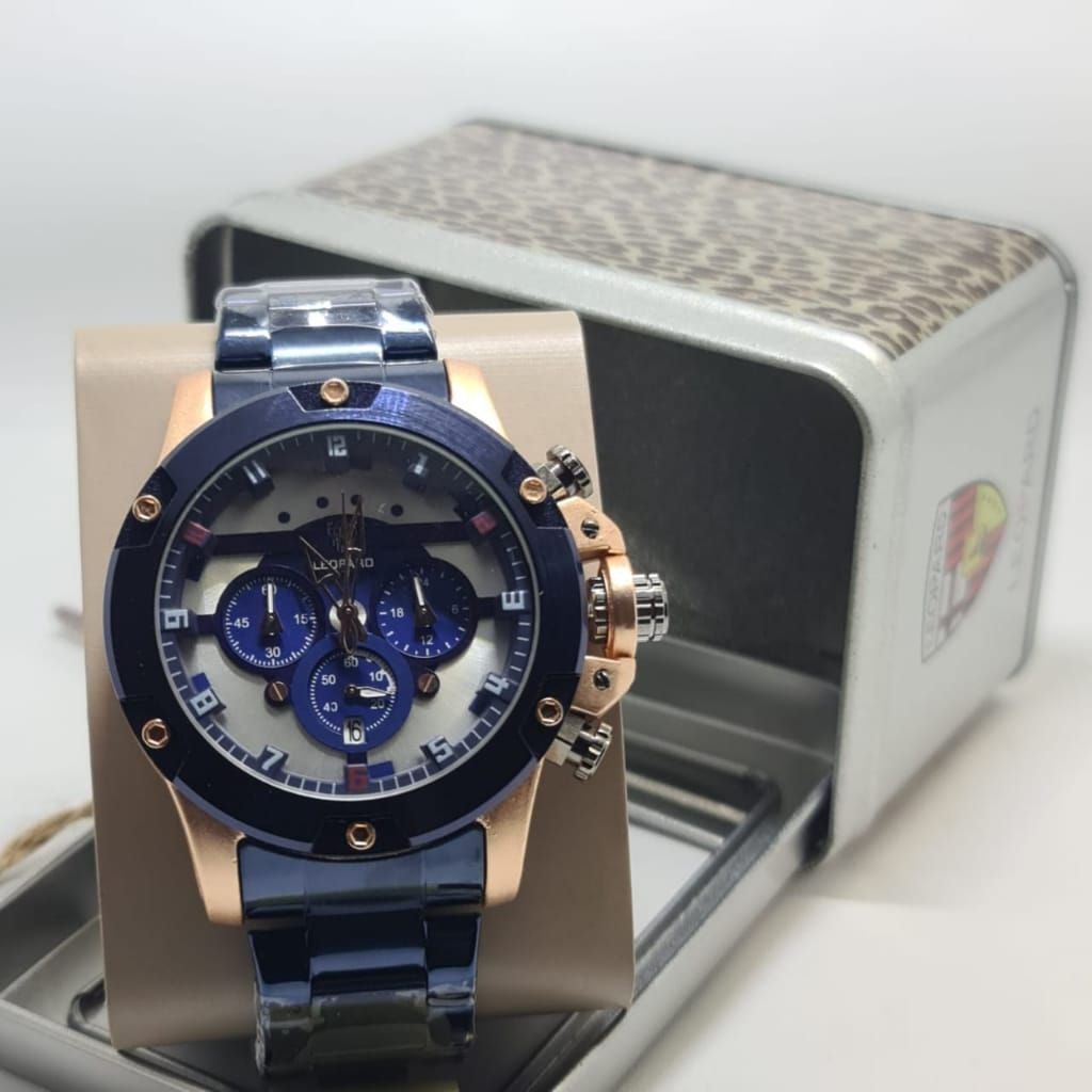 Jam Tangan Pria Leopard Mickey Original Rantai Body Bulat Chrono &Tanggal Aktif