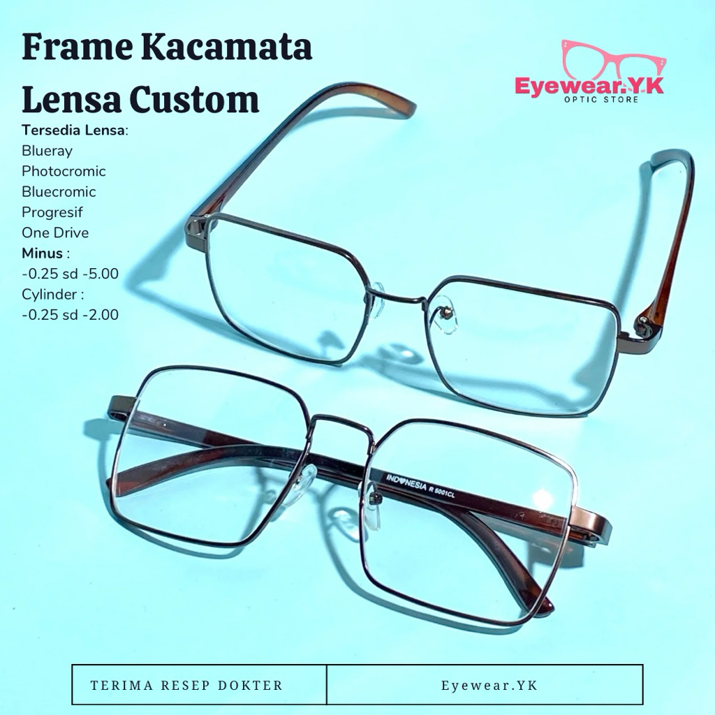 R501 Kacamata Kotak Besar | Frame Besi Tangkai Plastik | Lensa Photocromic Blueray Resep Minus